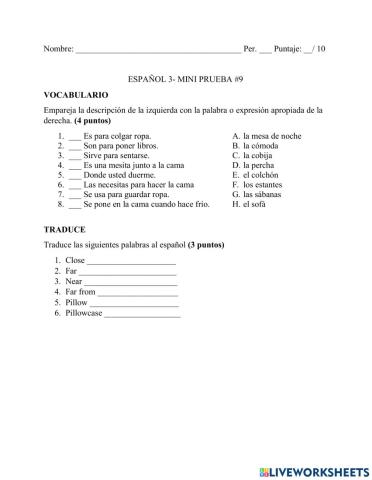 Place prepositions + room furniture