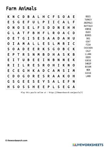 Farm Animals Word Search Puzzle