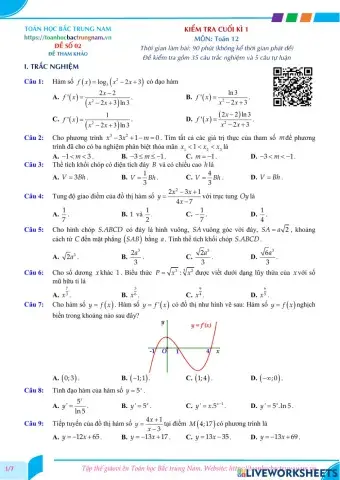 Toán 12 - Kiểm tra CK1 - Đề số 02