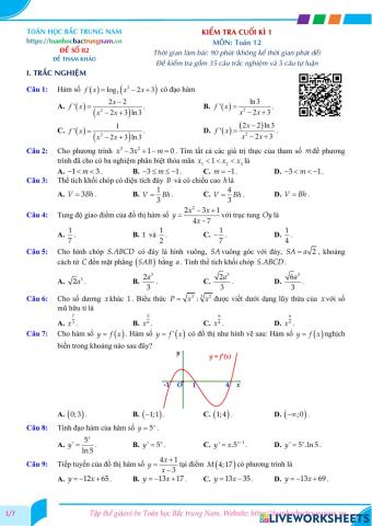 Toán 12 - Kiểm tra CK1 - Đề số 02