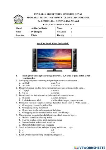 Pas al-qur'an hadist kelas 4