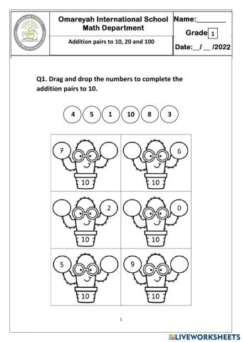 Addition pairs or number bonds to 10, 20 and 100