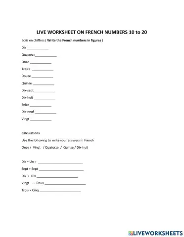 French numbers from 1 to 20