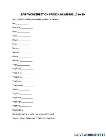 Numbers in French from 10 to 30