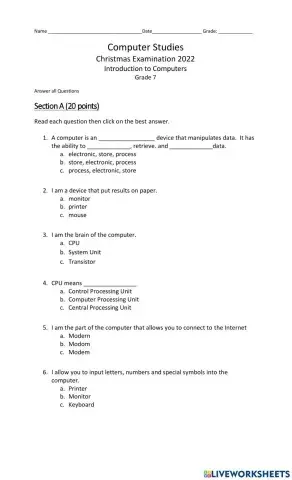 Grade 7 Introduction to computer Christmas 2022 Exam