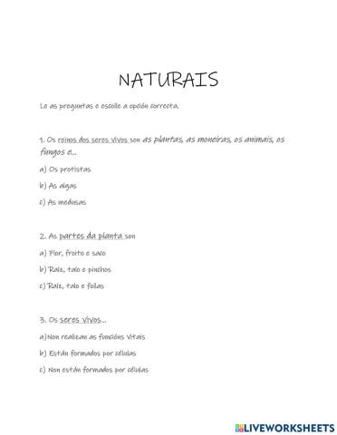 Naturais: seres vivos e intertes. Animais invertebrados