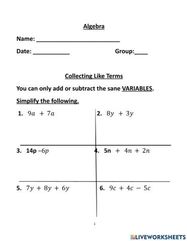 Algebra Collecting Like Terms