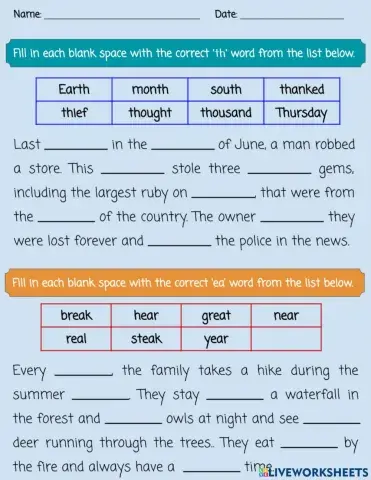 Spelling Review - 'th' - long 'a' - ea