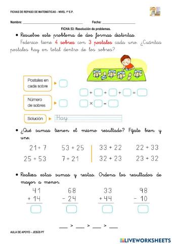 Ficha Matemáticas 53-1EP-Resolución de problemas