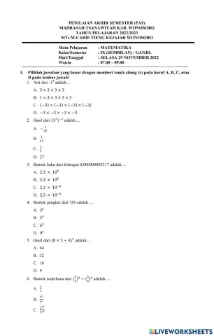 Soal pas matematika kelas 9 2022