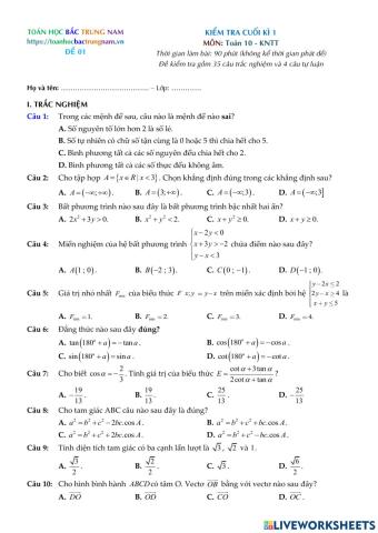 Toán 10 - Đề kiểm tra CK1 - Số 01 - KNTT