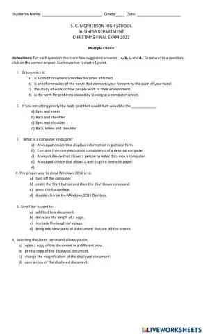 Grade 8 Word Exam Christmas 2022