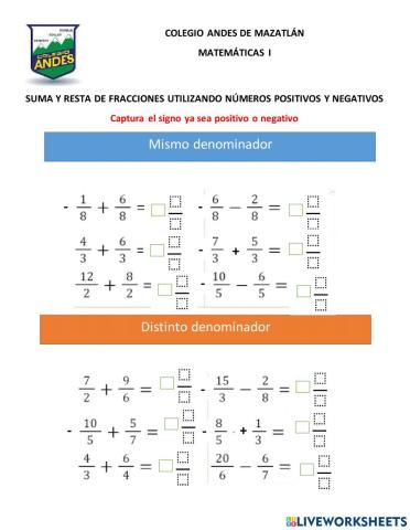 Suma y resta Fracciones y decimales positivas y negativas