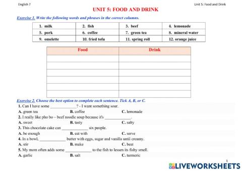 Vocabulary Unit 5 Food and Drink