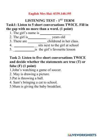 Tiếng Anh 6 - Listening Test 1 - cuối kì 1