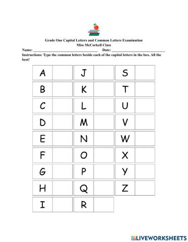 Grade One Capital Letters and Common Letters Examination