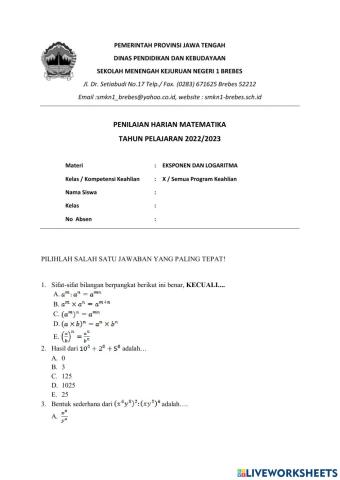 Latihan Soal Eksponen dan Logaritma kelas X