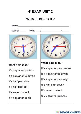 4º EXAM UNIT 2 (Part 1) What time is it?