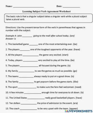 Subject verb agreement grade 4