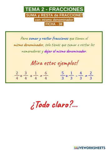 Suma y resta de fracciones con el mismo denominador
