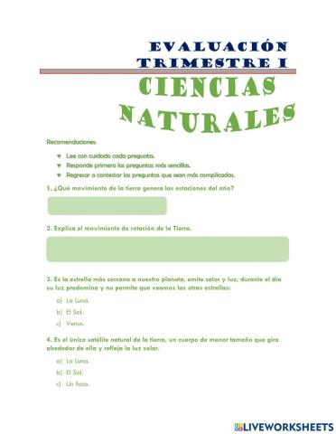 Examen Ciencias Naturales Trimestre I