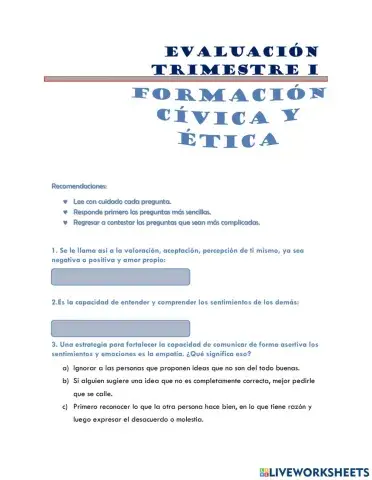 Examen Formación Cívica y Ética primer trimestre