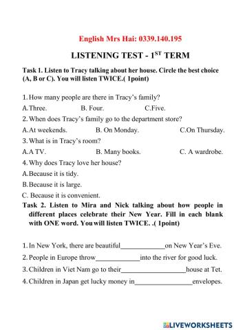 Tiếng Anh 6- Listening Test  2- cuối kì 1