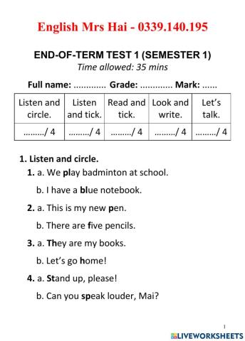 Tiếng Anh 3 - Đề thi học kì 1 - số 1