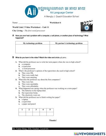 WL2 3rd Edition-Video Worksheet-Unit11A