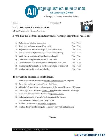 WL2 3rd Edition-Video Worksheet-Unit 11A GV