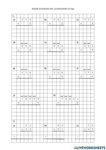 Kirjalik korrutamine ühe- ja kahekohalise arvuga