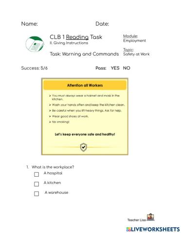 CLB1 Reading TASK: Safety at Work