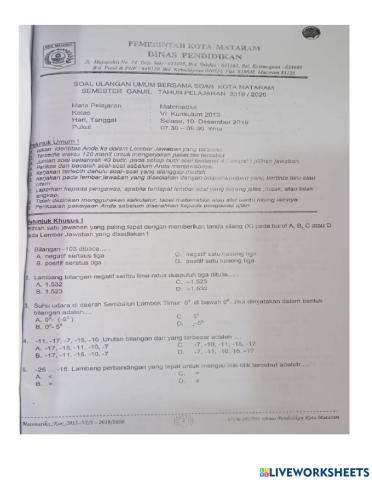 Soal PAS Ganjil Matematika kelas 6