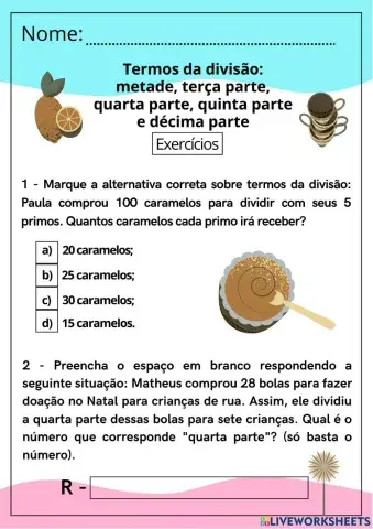 Termos da divisão: metade, terça-parte, quarta parte, quinta parte e décima parte