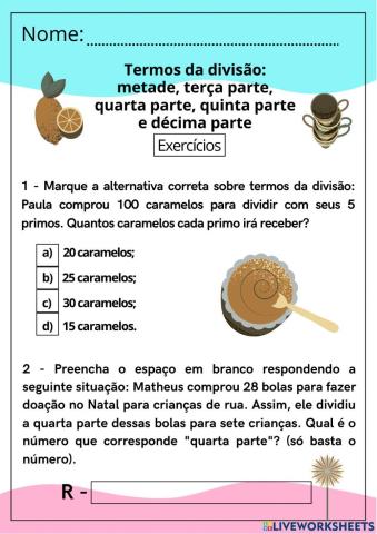 Termos da divisão: metade, terça-parte, quarta parte, quinta parte e décima parte