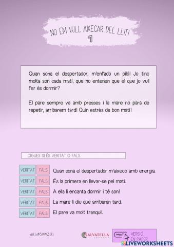 COMPRENSIÓ LECTORA 21: NO EM VULL AIXECAR DEL LLIT