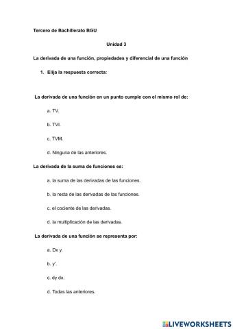 3Bachillerato BGU unidad 3 La derivada de una función, propiedades y diferencial de una función