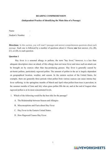 Reading comprehension (Main Idea)