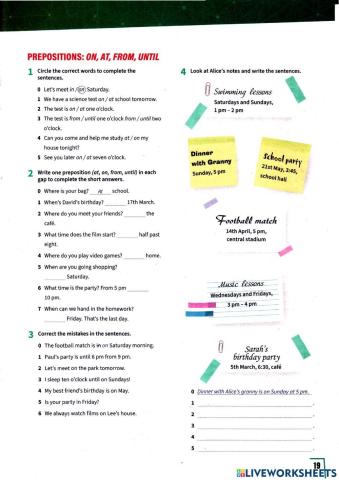 Prepositions on, at, from, until