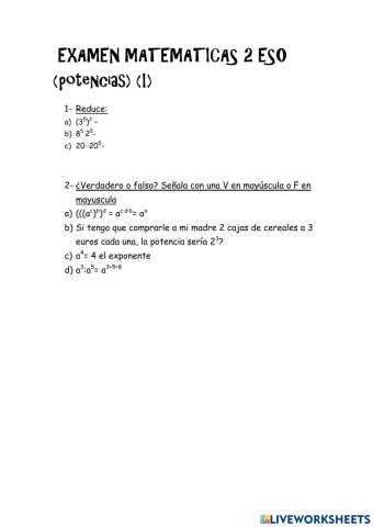 Examen matematicas 2º eso