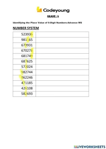 Identifying the Place Value of 6-Digit Numbers Advance WS