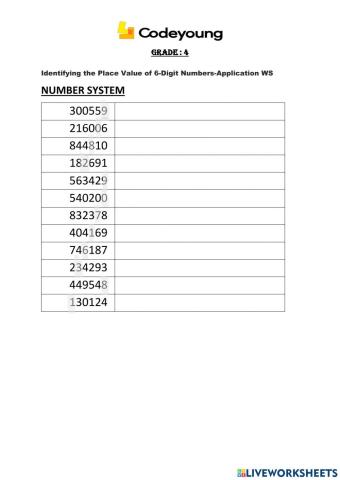 Identifying the Place Value of 6-Digit Numbers Application WS