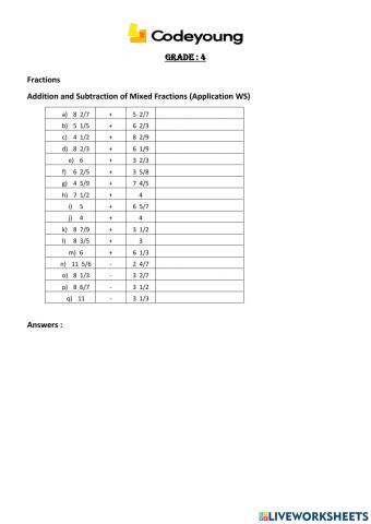 Addition and Subtraction of Mixed Fractions Application WS