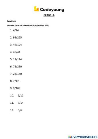 Lowest Form of a Fraction application WS