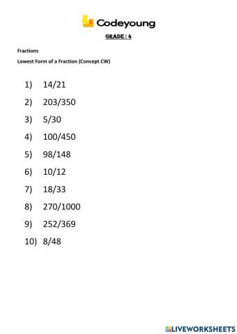 Lowest Form of a Fraction Concept CW