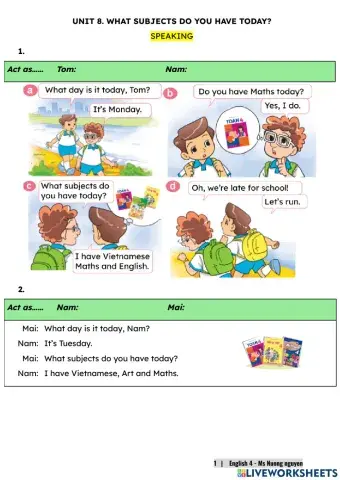 E4U8 (speaking) WHAT SUBJECTS DO YOU HAVE TODAY? -nuongnguyen