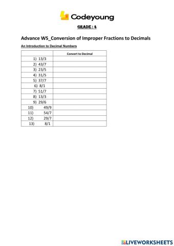Conversion of Improper Fractions to Decimals Advance WS