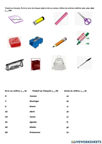 Colores, material escolar, cifras hasta el 20.