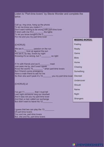 A2 adults song worksheet Part time lovers by stevie wonder