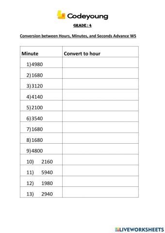 Conversion between Hours, Minutes, and Seconds Advance WS
